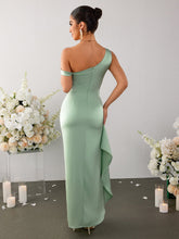 Off Shoulder Side Ruffle Slit Hem Satin Dress